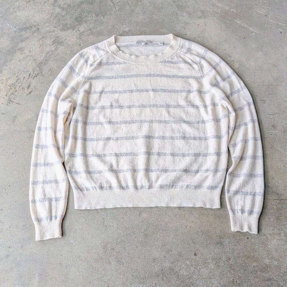 Vince Striped Wool and Cashmere Sweater in Heathered White and Grey large